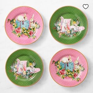 set of 4 NIB Williams Sonoma Pink and Green Bunny Famille Rose Appetizer Plates